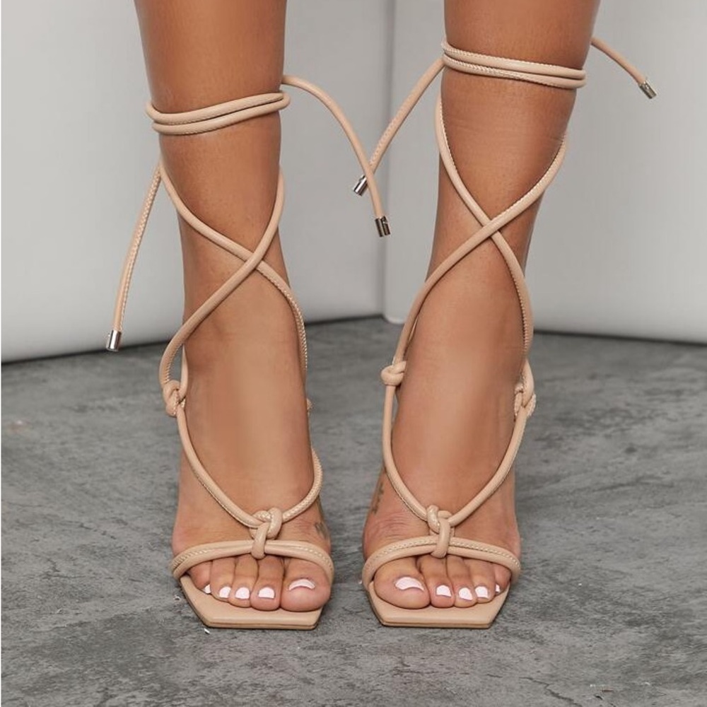 Beige Strappy Open Toe Heels